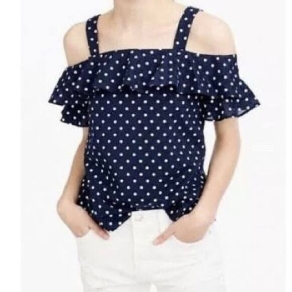 J. Crew Navy/White Polka Dot Ruffled Short Sleeve Cold Shoulder - Picture 1 of 14